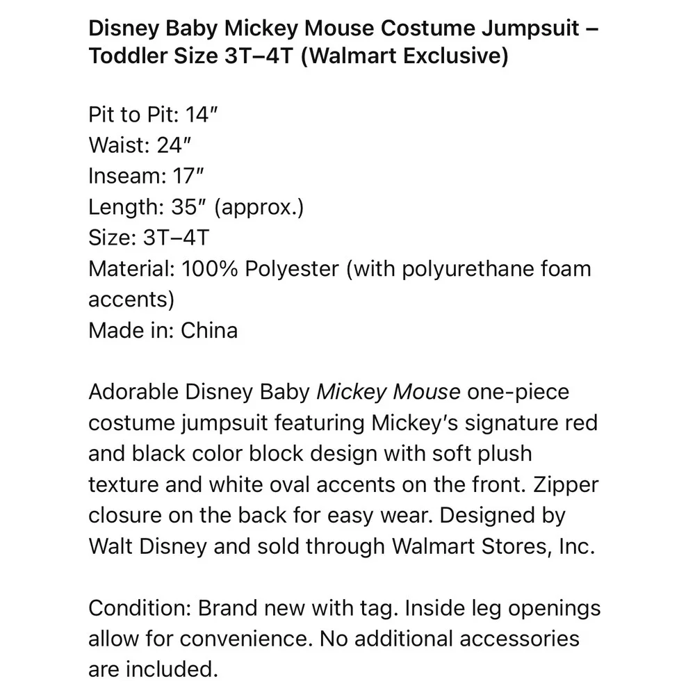 Disney‎ Baby Mickey Mouse Toddler 3T 4T Costume Jumpsuit Red Black